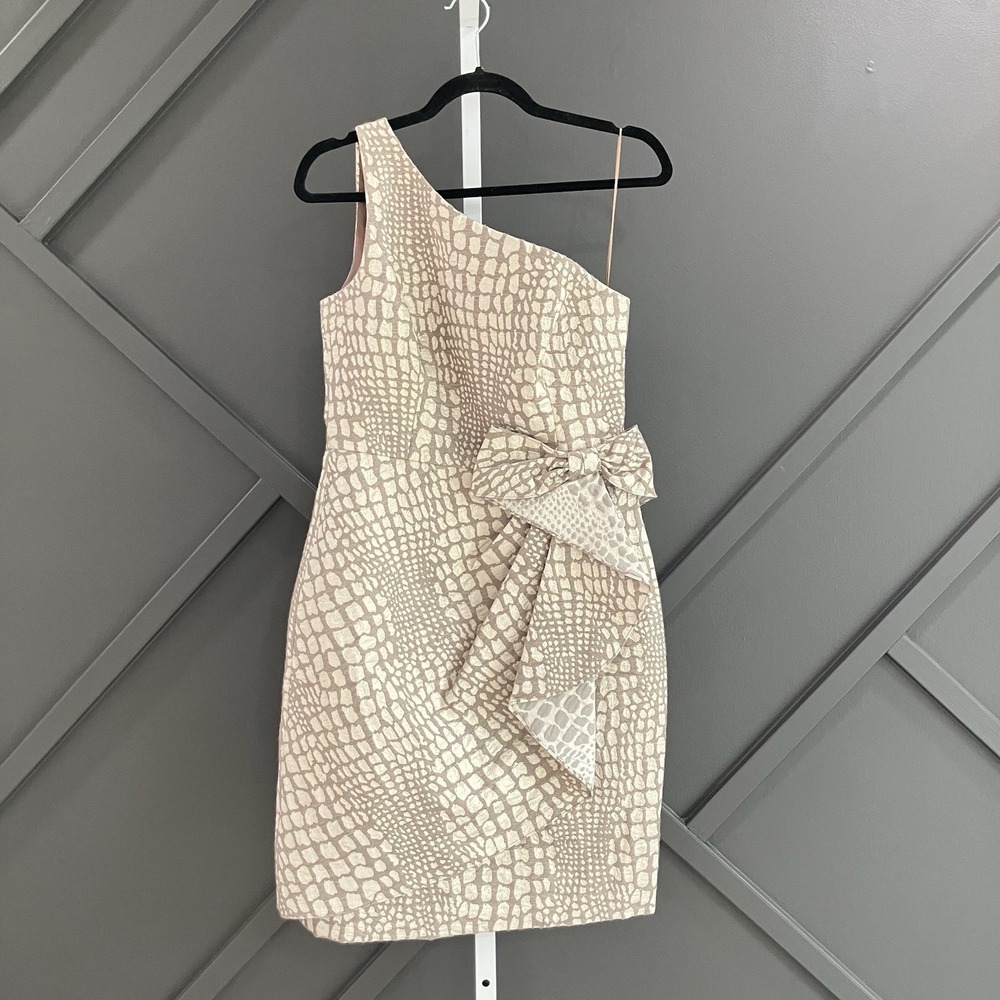 Kay Unger New York One‎ Shoulder Metallic Jacquard Cocktail Dress Bow Size 6